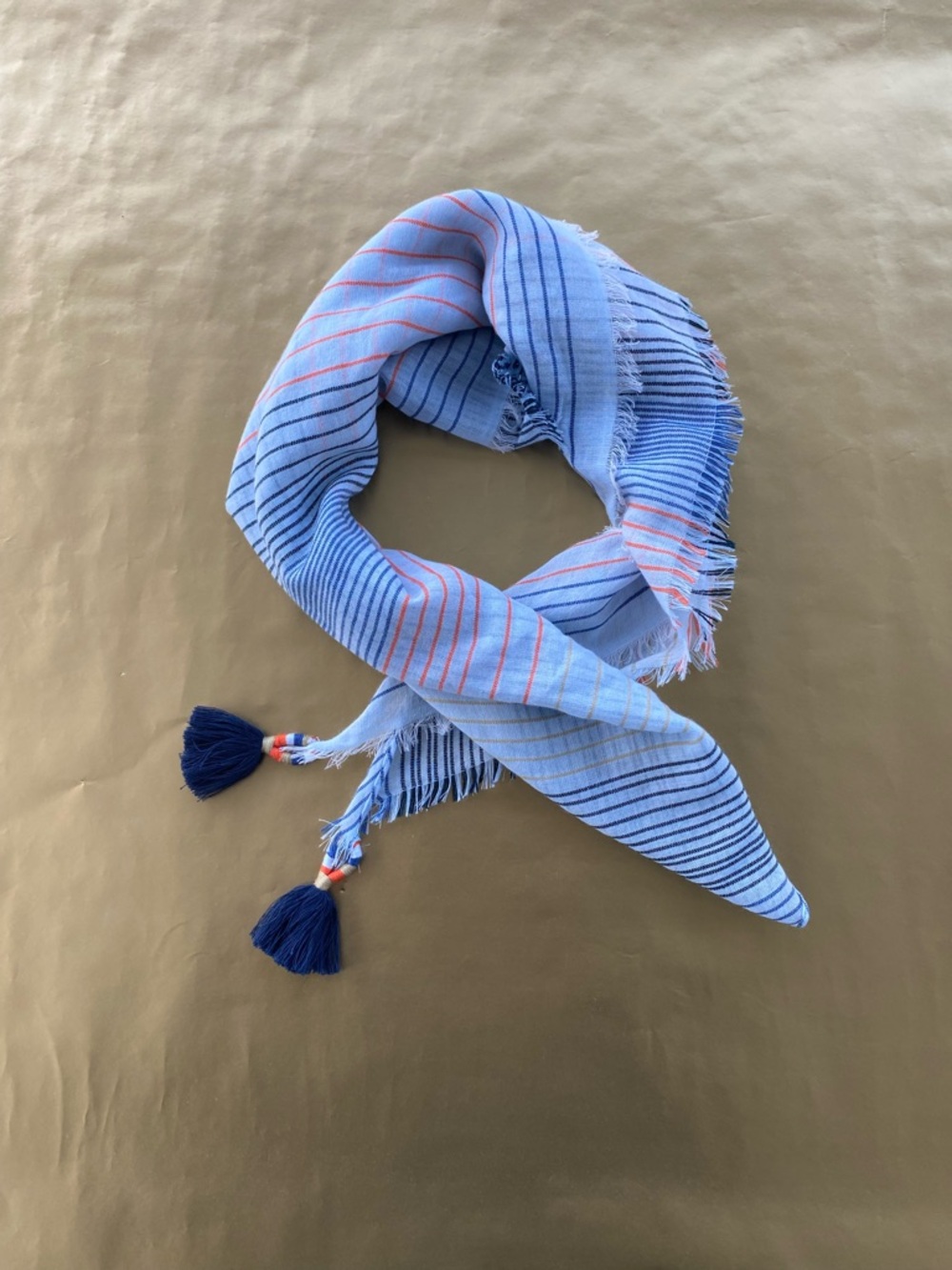 J. Jill Light spring Blue Striped Tassel Scarf with Navy Accents